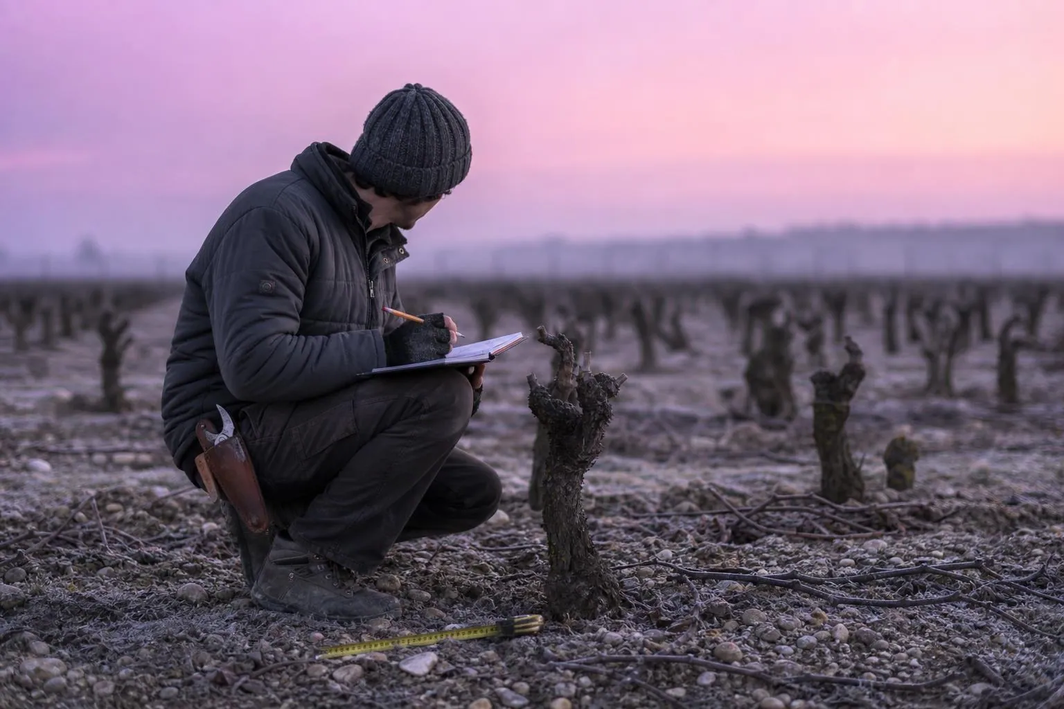 Un technicien accroupi au pied d’un cep note une observation sur un carnet, tôt le matin, dans une parcelle de vigne givrée