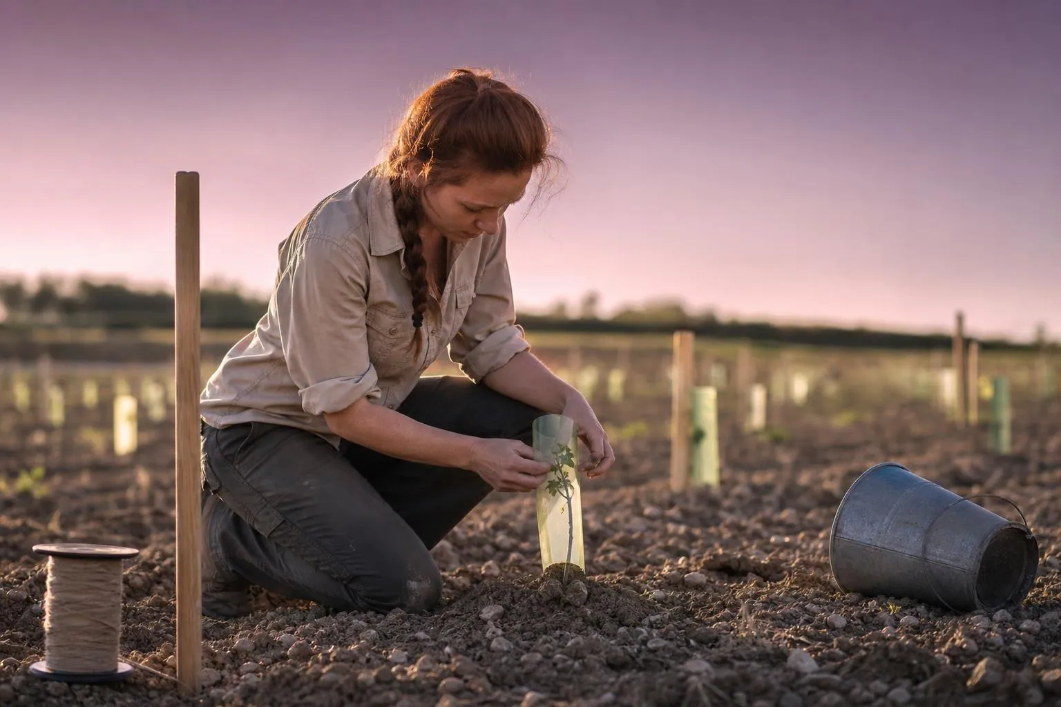 Une agronome accroupie observe un jeune plant de vigne protégé par un manchon, dans une parcelle expérimentale en fin d’après midi
