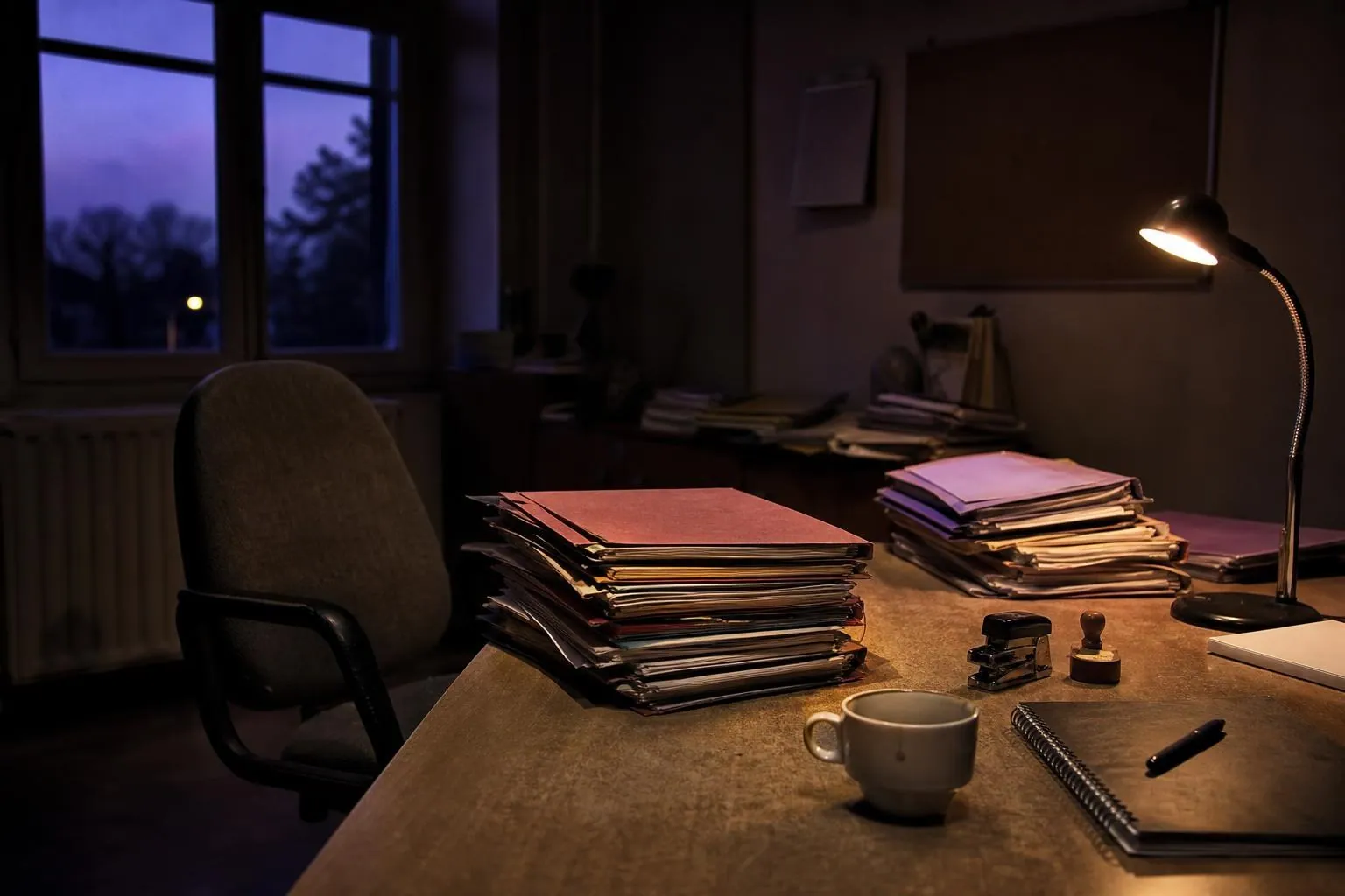 Bureau d’un syndicat viticole en fin de journée, piles de dossiers, tasse froide et lampe allumée, sans personne dans le cadre