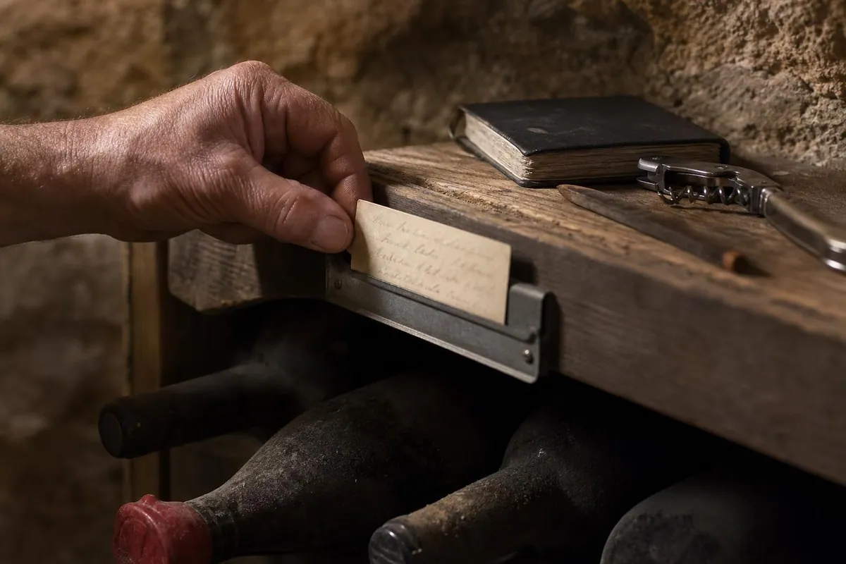 Main d’une personne glissant une étiquette de casier en carton dans une réglette métallique au dessus de bouteilles couchées dans une cave voûtée