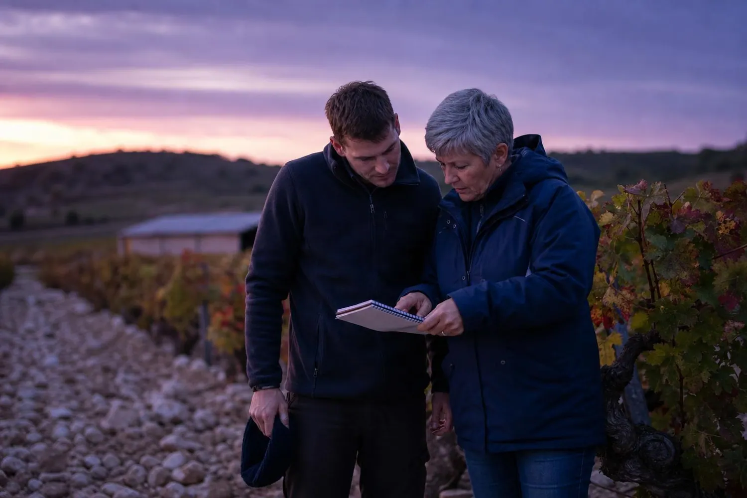 Une femme d’une cinquantaine d’années et un homme plus jeune, en veste de travail, consultent un carnet au bout d’un rang de vigne en fin de journée
