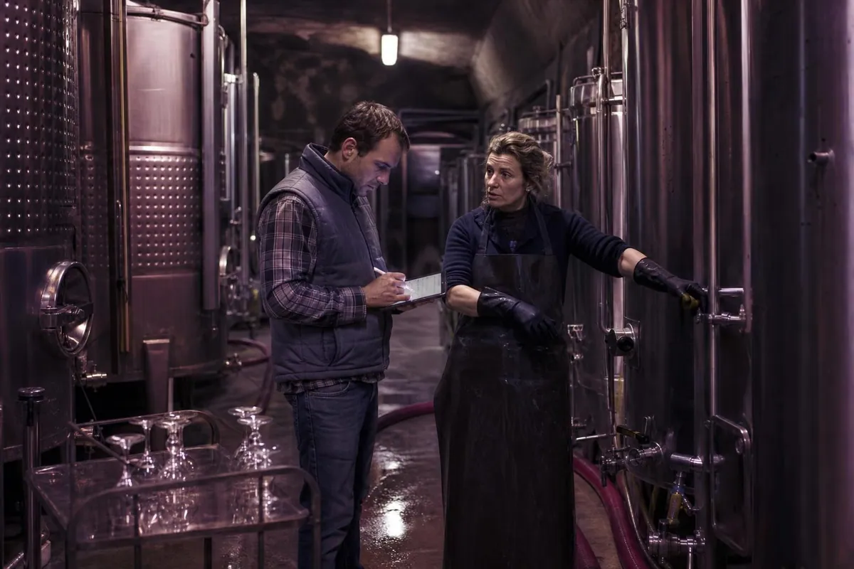 Un technicien en gilet de travail note un relevé sur une tablette dans un chai, devant des cuves en inox et une vigneronne en tablier
